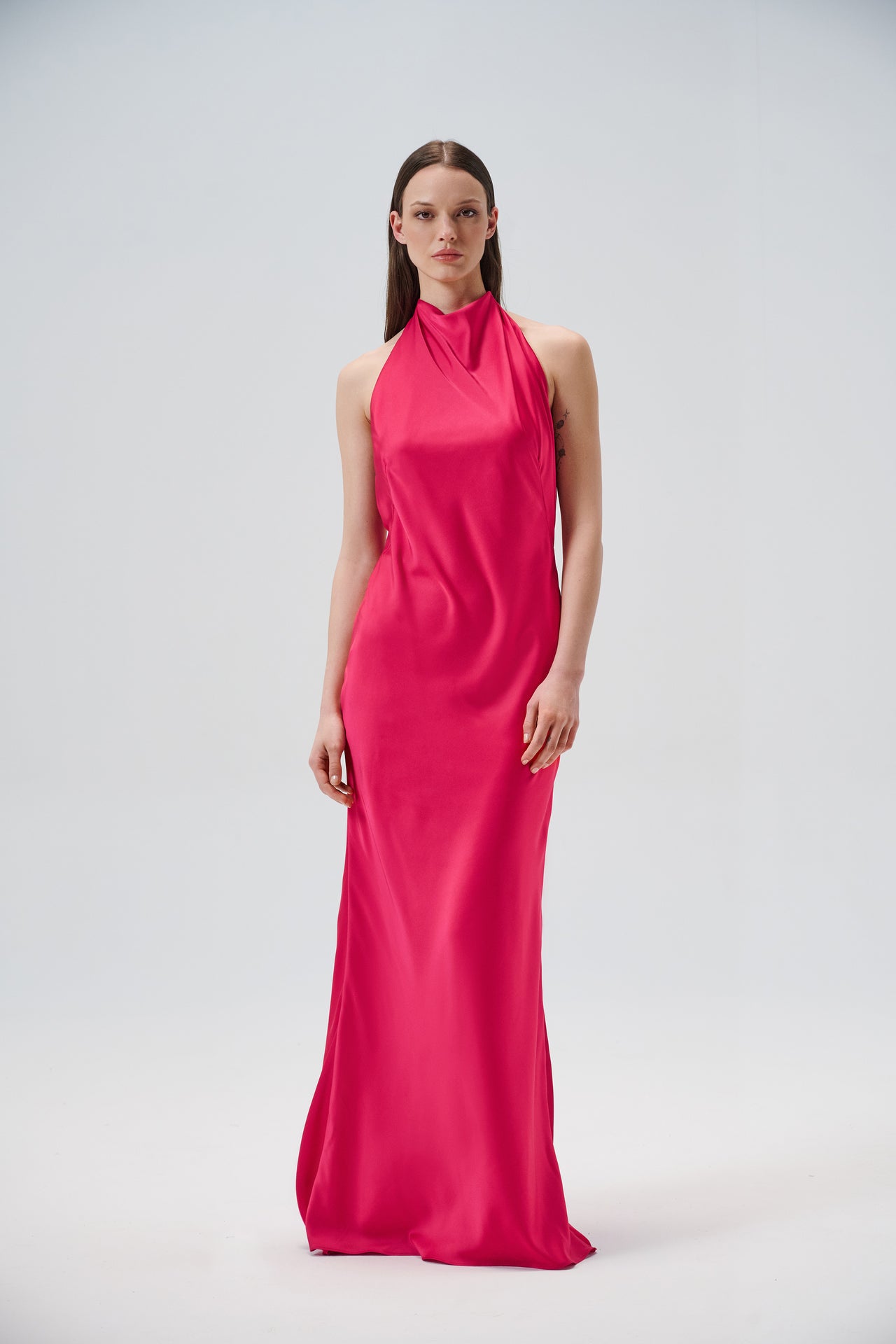 "Aurora" long satin dress in fucsia